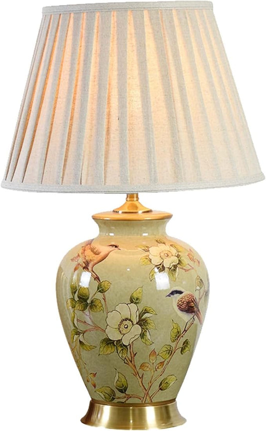 PURESILKS Vintage Ceramic Table Lamp, Hand-Painted Flower and Bird Desk Lamp, Chinese Classical Decorative Lamp with Fabric Shade, Farmhouse Table Lamp for Living Room,Bedroom, Study Room - Bloomnest