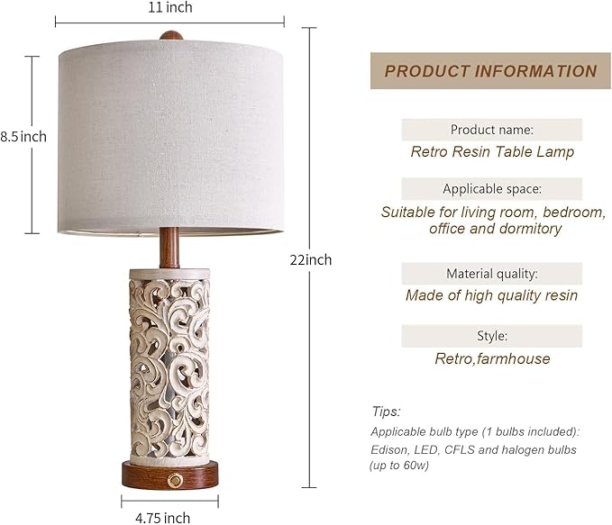 OYEARS 3-Way Dimmable 22'' USB A+C Touch Control Table Lamp with Nightlight for Living Room Bedroom Farmhouse Bedside Nightstand Lamps (Brown Bulb Included - Bloomnest