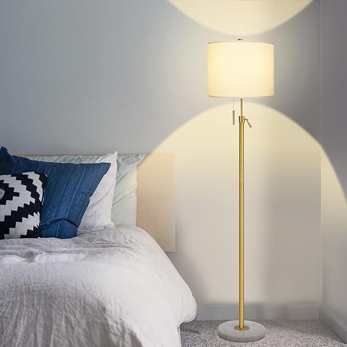 【Upgrade】 Gold Floor Lamps for Living Room, 55"-67" Height Adjustable Modern Standing Lamp with Marble Base, Pull Chain Switch, 3-Way Dimmable Tall Pole Lamp for Bedroom Office Reading, Bulb Included - Bloomnest