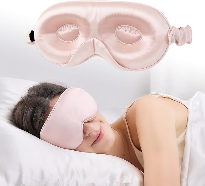 100% 22 Momme Mulberry Silk Sleep Mask with Adjustable Strap, 3D Contoured Cup Silk Eye Mask for Sleeping, Total Black Out, Pink - Bloomnest