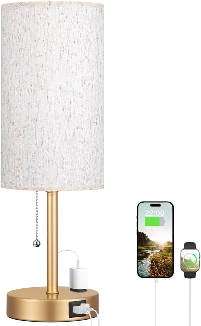 Dicoool Gold Bedside Table Lamp for Bedroom, 17Inch Tall Nightstand Lamp with USB C & A Ports & AC Outlet, 3 Color Temperatures Pull Chain Side Table Lamp for Living Room/Kitchen/Dorm/Office - Bloomnest