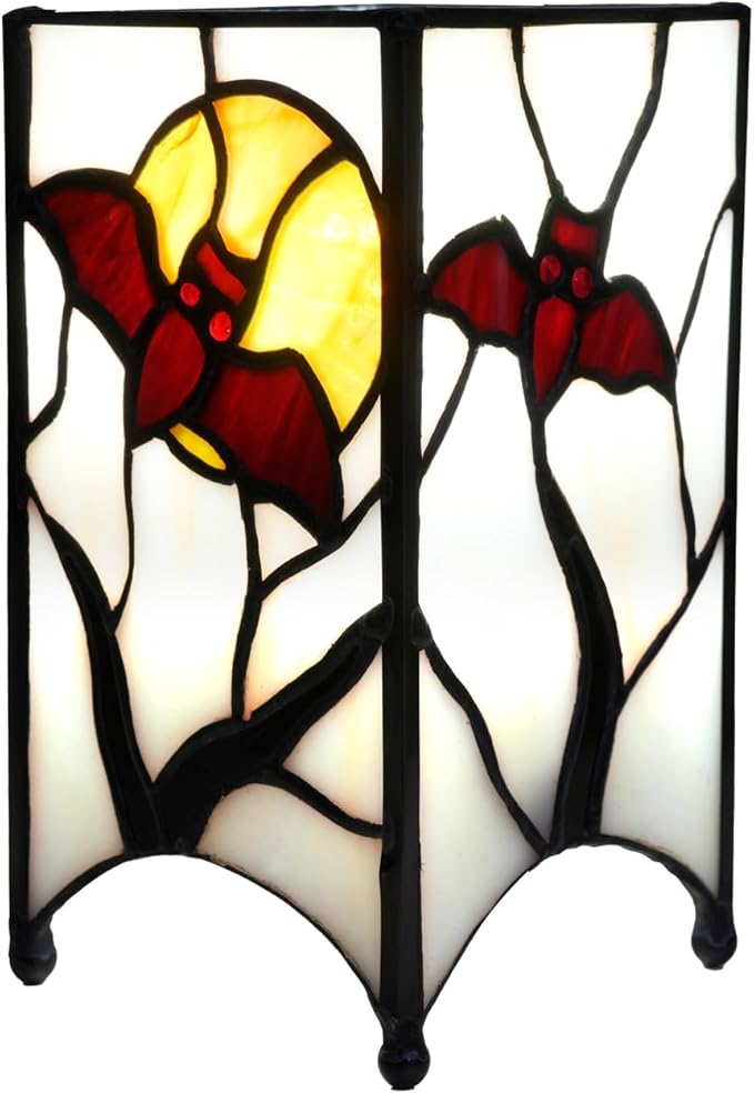 Tiffany Lamp Halloween Red Bat in Moon Small Bedside Lamp Antique Style Stained Glass Desk Light for Home Decor Boys Girls Christmas Halloween Gifts - Bloomnest
