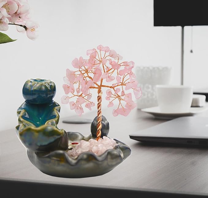 Backflow Incense Holder, Waterfall Incense Burner, Gemstone Money Tree Home Living Room Decorations Office Accessories for Women, Mothers Day Mom Gifts (Rose Quartz) - Bloomnest