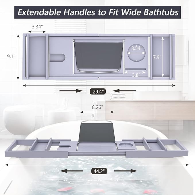 Domax Bathtub Caddy Tray Expandable Bamboo Tub Tray for Luxury Bath with Book Holder and Free Soap Dish (Gray, 29.4"-44.2"x 9.1"x1.65") - Bloomnest
