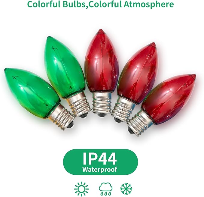 Meconard C9 Led Replacement Christmas Light Bulbs, C9 Shatterproof Led Bulbs for Christmas Indoor Outdoor String Lights, Mini Bulb Intermediate E17 Base Decor Red Light Bulbs Green Light Bulb, 25 Pack - Bloomnest