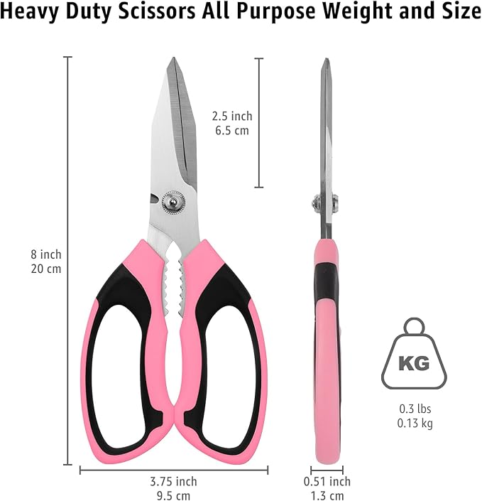 8-Inch Heavy Duty Utility Scissors All Purpose, Serrated Blade, Pink Comfort Grip for Cutting Carpet, Cardboard, Leather, Fabric, Multipurpose Sharp Shears for Kitchen, Garden, Office, Carft - Bloomnest