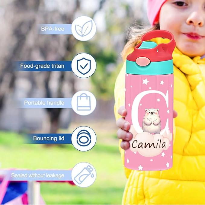 callie Personalized Animal Insulated Water Bottle for Kids, Custom 12 oz Leak Proof Lid Stainless Steel Cups with Straw, Cute Gifts for Boys Girls - Bloomnest