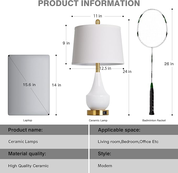 Modern White Table Lamp, 24" Ceramic Table Lamp with USB A+C Ports,Classic Beside Lamps Nightstand Lamp Modern Lamp for Living Room, Bedroom & Office -LED Bulbs Included - Bloomnest