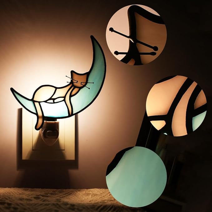 BOXCASA Cat on Moon Decor Stained Glass Night Lights Plug Into Wall Decorative,Night Light Plug in Decor for Children's Room Kitchen Toilet Bathroom,Cats Themed Gifts for Women Cat Lover - Bloomnest