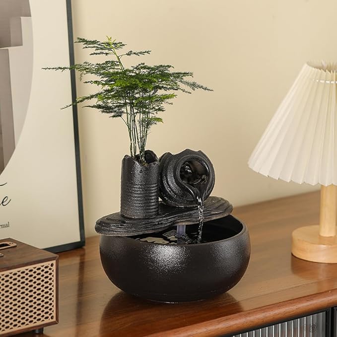 Ceramic Tabletop Fountain Water Feature Fall Indoor and Outdoor Decoration (Black Pot A150) - Bloomnest