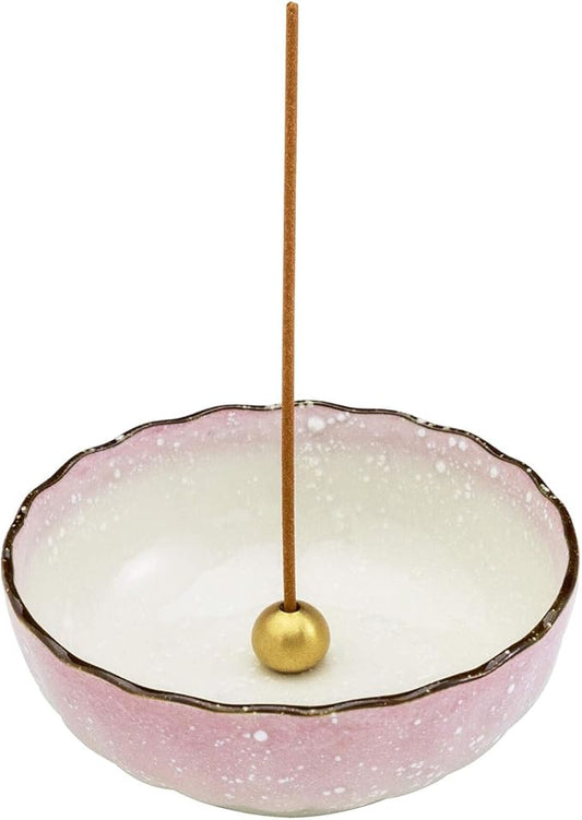 Asayu Japanese Lotus Incense Holder for Sticks 4.1 inch (105mm), Traditional Made in Japan Ceramic Ash Catcher and Brass Incense Burner Set - Pink - Bloomnest