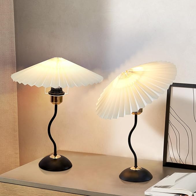 Arts Bedside Table Lamp for Bedroom, Cute Small Pleated Lamps for Nightstand, Vintage Lamp with Umbrella Shade, Decor Desk Reading Lamps for Living Room Kids Room Dorm Office with E26 LED Bulb - Bloomnest