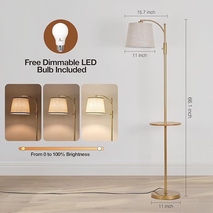 AIDENOEY Fully Dimmable Floor Lamp for Living Room，Standing Lamp Rotary Switch with Table&Linen Beige Shade，Golden Tall Lamps for Bedroom with Adjust Head，9W LED Bulb Included - Bloomnest
