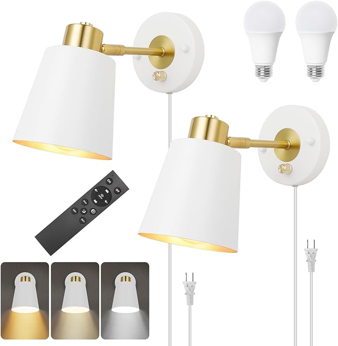 Wall Sconces with Remote Control, Plug in Wall Sconce Adjustable Color Temperature and Dimmable Wall Sconces White Wall Lights with Plug in Cord for Bedroom Bedside Stairway(2 Pack, 2 Bulbs) - Bloomnest