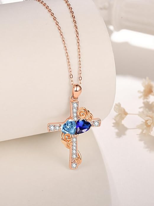 Rose Gold Dual Birthstones Cross Necklace for Women Rose Flower Jewelry Anniversary Christmas Mother's Valentine's Day Birthday Gift for Wife Girlfriend Mom - Bloomnest