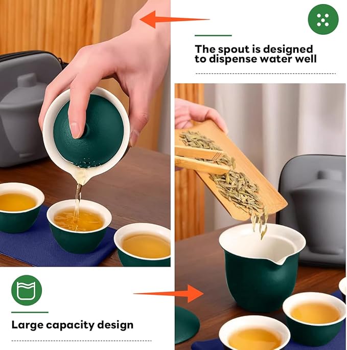 Portable Chinese Tea Set，Gongfu Kung Fu Tea Set，Porcelain Teapot & Teacups with Travel Bag for Travel Home Gifting Outdoor and Office（Green）