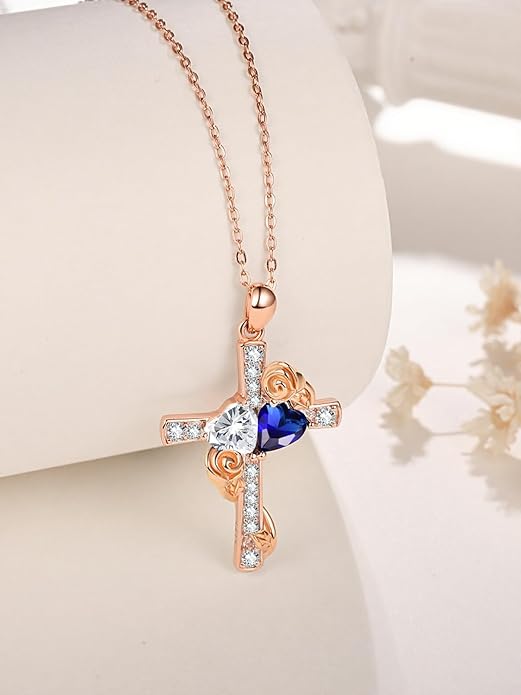 Rose Gold Dual Birthstones Cross Necklace for Women Rose Flower Jewelry Anniversary Christmas Mother's Valentine's Day Birthday Gift for Wife Girlfriend Mom - Bloomnest