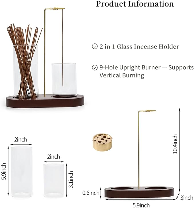 2 in 1 Glass Incense Holder for Sticks with 9-Hole Upright Burner, Ash Catcher, Cleaning Brush & Greeting Card, Meditation & Yoga Accessories,Gift for Home Decor (Light Base) - Bloomnest