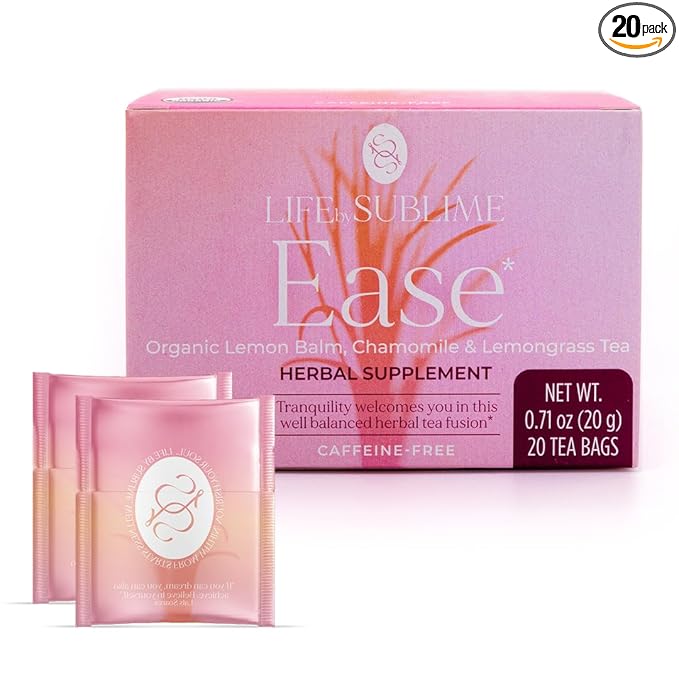 Life by Sublime - Ease USDA Organic Lemon Balm Chamomile Tea, 20 Tea Bags, Caffeine-Free Calm Sleep Tea, Promotes Relaxation, Stress Relief, and Restful Nights, Premium Brazilian Harvest - Bloomnest