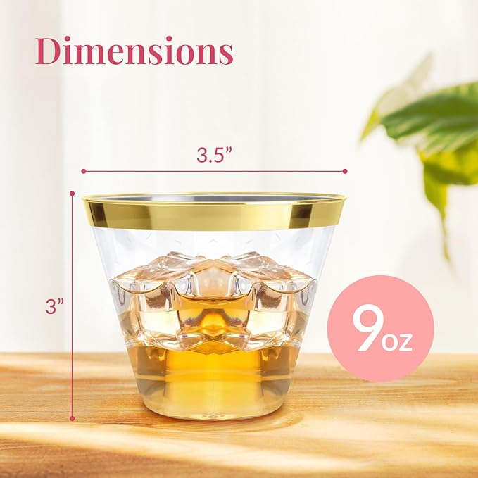 Prestee 100-Pack 9oz Gold Rimmed Plastic Cups Disposable Wine Glasses for Charcuterie, Weddings, Parties, and Events - Elegant Cocktail and Drinking Cups for Champagne, Martini, and Mocktails - Bloomnest