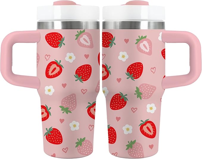 Strawberry Gifts for Girls - 14oz Cute Strawberry Kids Tumbler with Handle and Straw, Stainless Steel Insulated Water Cup, for School, Travel - Strawberries Themed Children Birthday Gifts Cups(1pc) - Bloomnest
