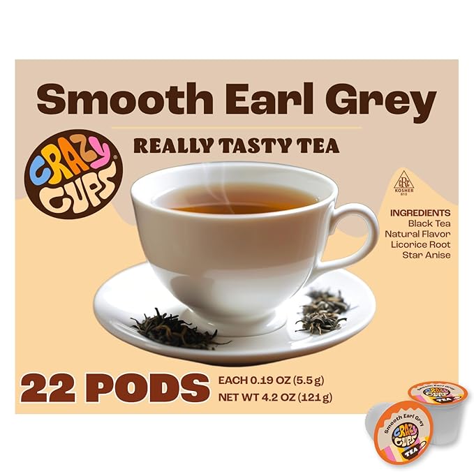 Crazy Cups Smooth Earl Grey Tea Pods, 22 Count | Kosher Certified Black Tea Blend with Licorice Root & Star Anise, K Cup Compatible, Bold Bergamot Flavor, Gluten Free, Vegan - Bloomnest