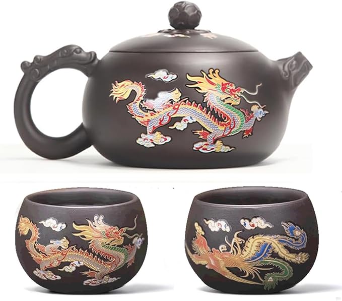 Hand-made Dragon and Phoenix Color-changing Purple Clay Teapot – Chinese Kung Fu Tea Set, Tea Lover’s Gift, Large Capacity (Teapot+2* Teacups) - Bloomnest