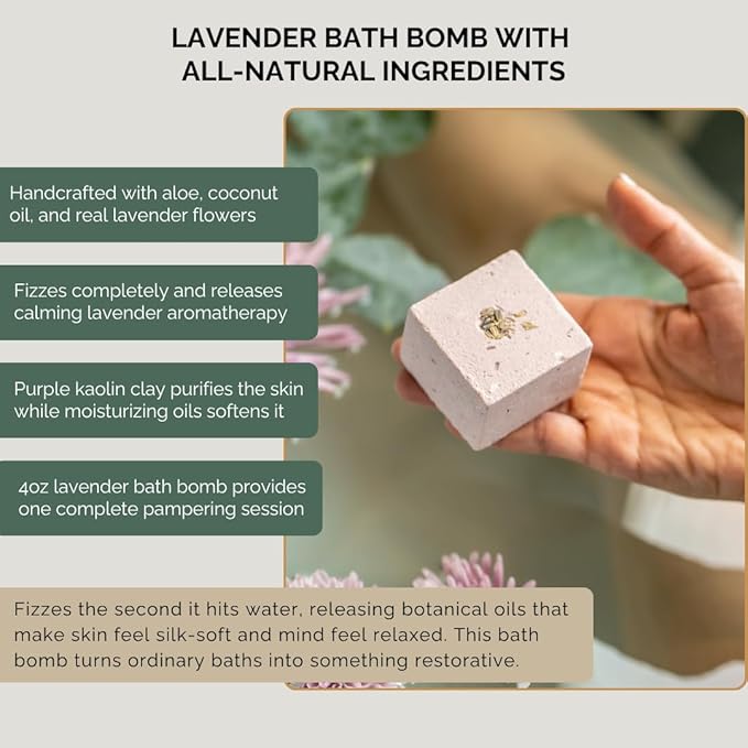 Lavender Relaxation Gifts for Women | Home Spa Kit with 5 Self Care Products for Deep Relaxation with Aromatherapy Candle, Bath Bomb, Soak, Body Butter & Roller. Lavender Gifts for Women Self Care.