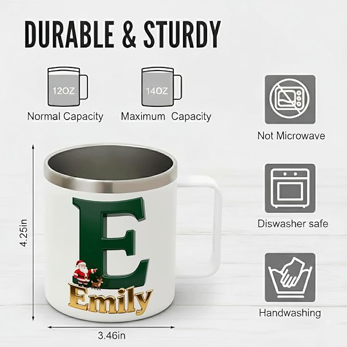 Personalized Christmas Insulated Coffee Mug with Handle – Custom Dark Green Initial Letter [C] Double Wall Stainless Steel Travel Tumbler for Drinks – Unique Holiday Gift for Men, Women, & Kids(B118) - Bloomnest