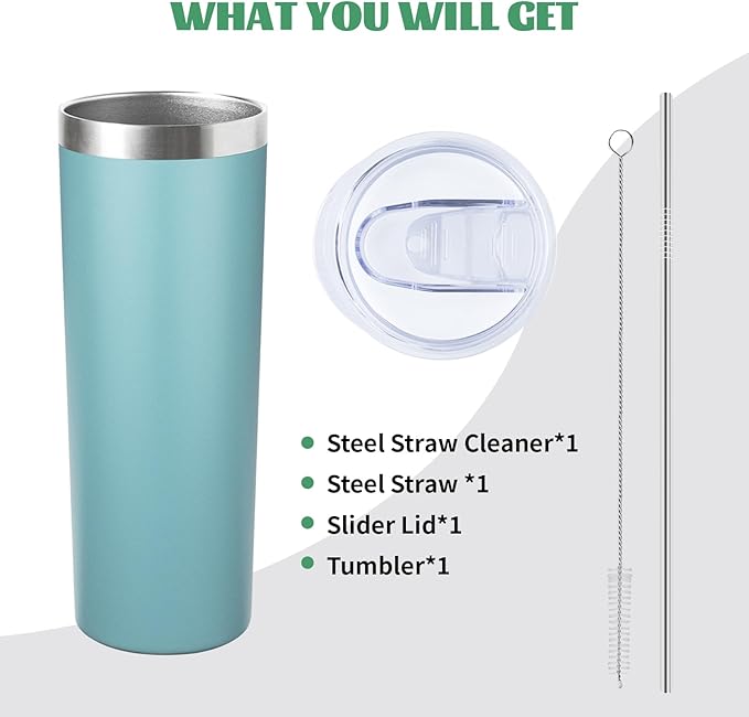 20 oz Skinny Tumblers with Lid and Straw,Stainless Steel Vacuum Insulated Tumbler Cup Double Wall Travel Coffee Mug, Thermal Water Tumbler for Hot and Cold Drinks(Glacier blue,4) - Bloomnest