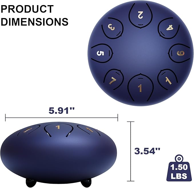 Steel Tongue Drum 6 Inch 8 Notes, Rain Drums for Outside C major, Hang Instrument, Handpan for Kids, Ethereal Hand Pan for Meditation Yoga Musical Education, Deep Blue - Bloomnest