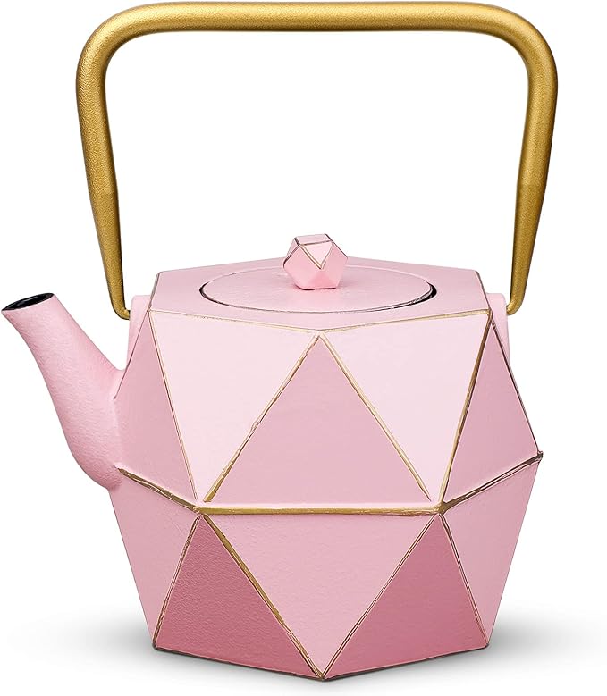 Toptier Cast Iron Teapot, Stovetop Safe Japanese Cast Iron Tea Kettle, Diamond Design Tea Pot with Removable Infuser for Loose Tea, 30 Ounce (900 ml), Pink - Bloomnest