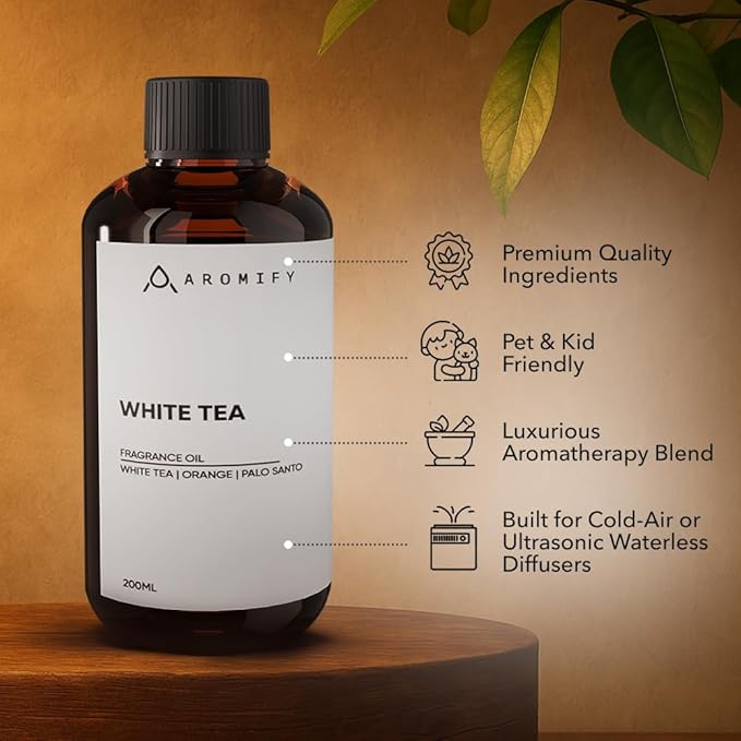 White Tea Diffuser Oil, 6.7 FL Oz, 200 mL, Aroma Essential Oil for Scent Diffusers, Luxury Hotel Scent for Home, Bathroom, Spa & Office, Natural White Tea Fragrance Oil, Orange & Palo Santo. - Bloomnest