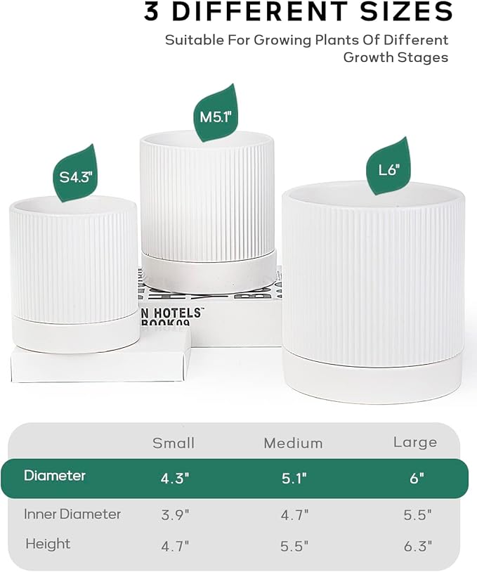 LaDoVita 3 Pack Ceramic Plant Pots 6/5/4 inch, Flowerpot for Indoor Plants with Drainage Holes and Tray, Outdoor Garden Planters, Modern Decorative for Home, White Vertical Stripes - Bloomnest