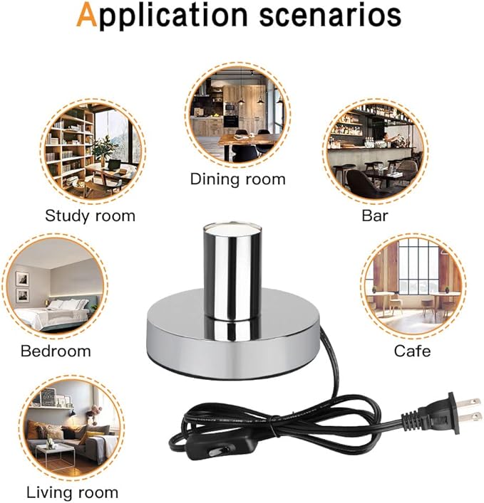 Helunsi Industrial Table Lamp Base, Silver E26 E27 Lamp Base Without Shade, Mini Short Desk Lamp Exposed Bulb Base, Simple Metal Edison Light Bulb Stand, with 5.8ft Cord Switch Plug Bulb Base Holder - Bloomnest