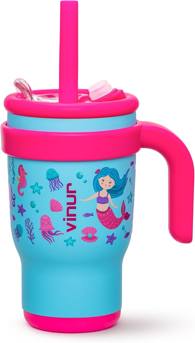 VINUR Kids Tumbler with Handle 14 oz Stainless Steel Double Wall Vacuum Insulated Tumbler with Lid and Straw, Leak Proof Water Cup for Travel(Mermaid) - Bloomnest