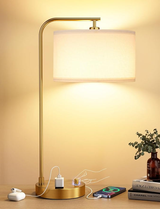 Gold Table Lamp with USB Port and Outlet, Dimmable Nightstand Bedside Lamps with Linen Lampshade, Desk Lamp for Bedroom, Living Room, Guest Room, Home Office, LED Bulb Included - Bloomnest