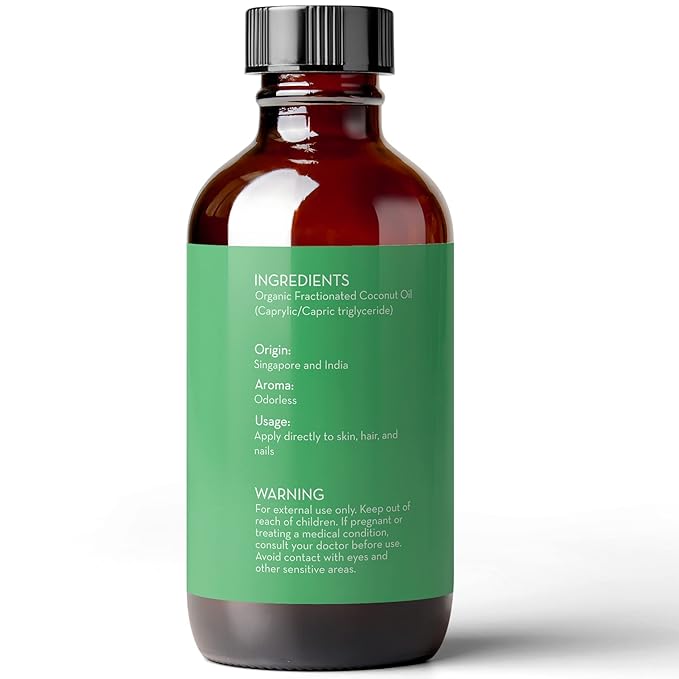 Pure Body Naturals Organic Fractionated Coconut Oil for Skin and Hair, 4 fl oz - Liquid Carrier Oil for Diluting Essential Oils, Hair Growth & Skin Moisturizer - Bloomnest