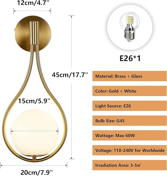 Modo Lighting Globe Glass Wall Sconce Modern Mid Century Drop Design Wall Mounted Light Brushed Brass Wall Lamps Wall Washer for Bedside Living Room (1 Pack,Gold) - Bloomnest