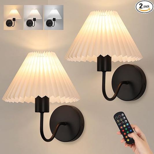 Rechargeable Battery Operated Wall Sconce Sets of 2, 15 Colors Wireless gooseneck Black Wall Lights Fixture with Dimmable Bulbs and Remote, Not Hardwired Wall Mounted Lamps for Bedroom Living Room - Bloomnest