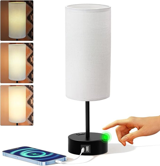 KPQ Small Bedside Lamp Touch Control Table Lamp with USB A+C Charging Ports & AC Outlet 3-Way Dimmable Nightstand Lamp with Linen Fabric Shade for Bedroom Living Room - Bloomnest