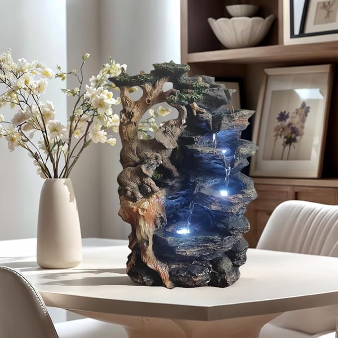 Water Fountain Indoor, Desktop Fountain Waterfall,Elephant Sculpture Layered LED Lighting. Indoor Office and Home Decorations Suitable for Creating a Peaceful Atmosphere. - Bloomnest