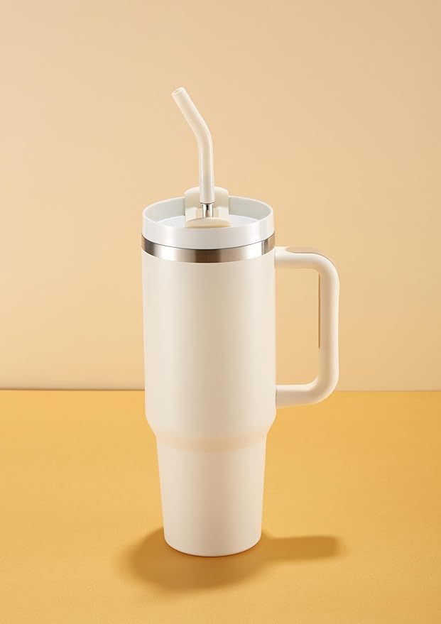 KooK Tumbler with Straw and Handle, 40 Oz, Stainless Steel, Vacuum Insulated Travel Coffee Mug, Reusable Double Walled Water Bottle, Keeps Hot or Cold (Antique White) - Bloomnest