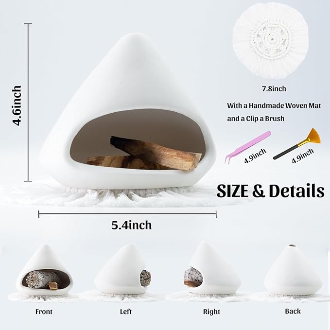 Ceramic Palo Santo Holder Burner,Incense Cone Holder,Mini Chiminea for Palo Santo Sticks and Sage Burner,with Handmade Heat Insulated Mat,Dust Brush,Metal Tweezer. (White) - Bloomnest
