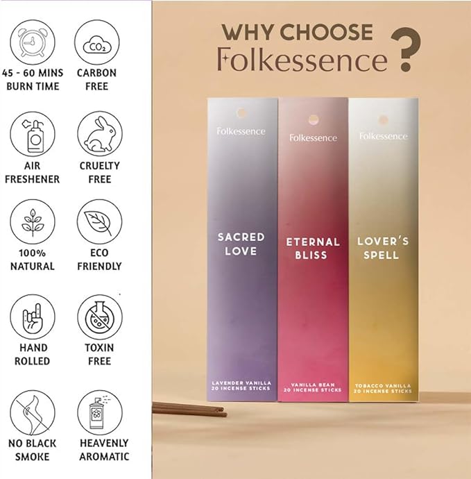 Folkulture Incense Sticks with Holder for Gift | Set of 6 (120) Organic, Non Toxic | Vanilla Incense-Set | Set of 6 (120 Sticks) Palo Santo Insence-Sticks | Sandalwood Incenses, Lemongrass, Rose FOLKULTURE