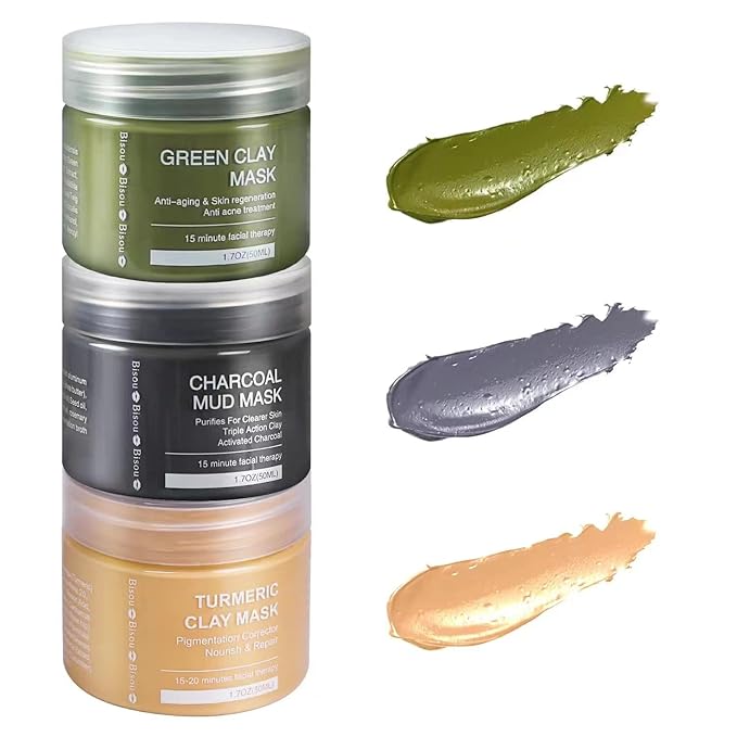 Turmeric Clay, Dead Sea Mud & Charcoal Gel Face Mask Trio With Applicator, Deep cleansing Clay and Mask Applicator, Facial Therapy PH Balanced Hypo-allergenic (3 Sets Mud Mask) - Bloomnest