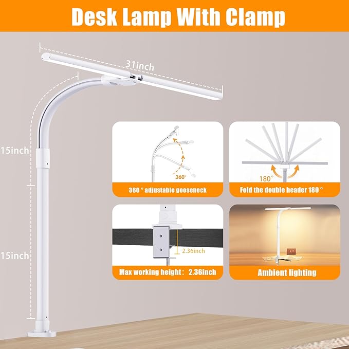 Led Desk Lamp for Home Office,24W Bright Eye-Caring Desk Light with Clamp,5 brightness and 5 temperatures Dimmable Workbench Task Light, Adjustable Gooseneck Table Lamp for Monitor Study(white) - Bloomnest