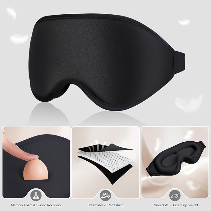 3D Sleep Mask with Earplugs, 100% Light Blackout Eye Mask for Sleep, Washable Sleeping Mask, 0 Pressure Eye Covers for Sleep with Wider Adjustable Strap, Only 1.3oz Light Soft Sleeping Mask (Black) - Bloomnest