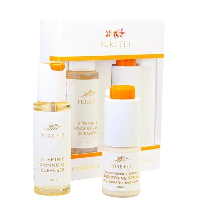 Pure Fiji Vitamin C Brightening Duo Kit - Foaming Oil and Brightening Vitamin C Face Serum - Anti Aging Anti-Wrinkle Facial Serum Gentle Foaming Oil, Antioxidant Serum, for All Skin Types - Bloomnest