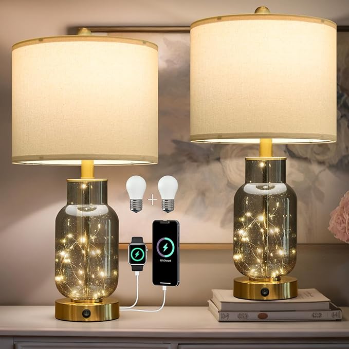 Oneach 22" Glass Table Lamps Set of 2, Gray Modern Bedside Lamp with LED Night Light for Living Room, Nightstand Lamp with USB Ports for Bedrooms, Study Room, End Table(2 Bulbs Included) - Bloomnest